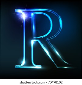 Glowing neon letter on dark background. Letter R.