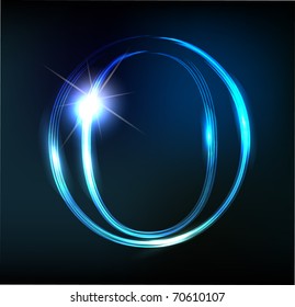 Glowing neon letter on dark background. Letter O