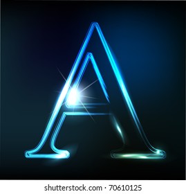 Glowing neon letter on dark background. Letter A