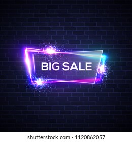 Glowing neon letters Big sale on glass transparent plate. Shopping neon sign with neon light, explosion, firework on brick texture. Night club electric techno frame. 3d discount vector illustration.