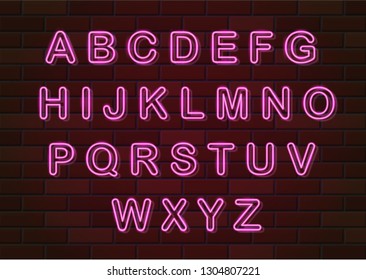 glowing neon letters english alphabet vector illustration on brick wall background