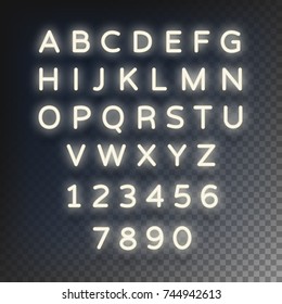Glowing neon letters isolated bright characters on a transparent background. Vector illustration.