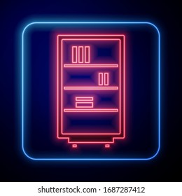 Glowing neon Library bookshelf icon isolated on blue background.  Vector Illustration