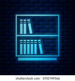 Glowing neon Library bookshelf icon isolated on brick wall background.  Vector