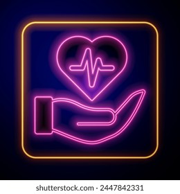 Glowing neon Life insurance in hand icon isolated on black background. Security, safety, protection, protect concept.  Vector