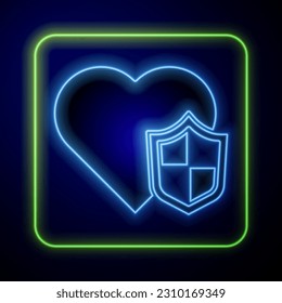 Glowing neon Life insurance with shield icon isolated on blue background. Security, safety, protection, protect concept.  Vector