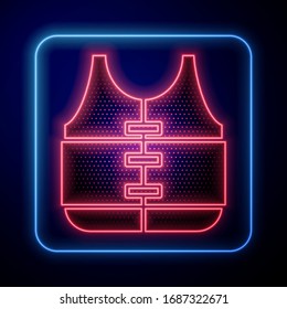 Icono de la chaqueta de neón aligerado aislado en fondo azul. Icono del chaleco salvavidas. Deporte extremo. Equipamiento deportivo. Ilustración vectorial