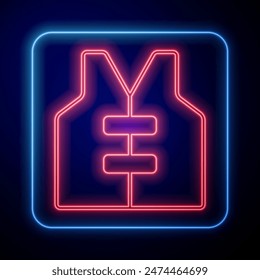 Glowing neon Life jacket icon isolated on black background. Life vest icon. Extreme sport. Sport equipment.  Vector