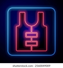 Glowing neon Life jacket icon isolated on blue background. Life vest icon. Extreme sport. Sport equipment.  Vector