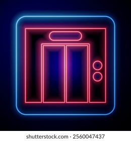 Glowing neon Lift icon isolated on blue background. Elevator symbol.  Vector