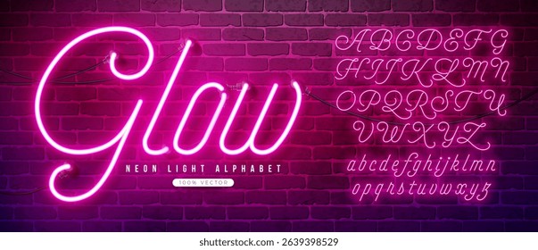 Glowing Neon Light Alphabet with Cable and Shadow on Vintage Brick Wall Background. Retro Vector Font Collection with Shiny Bright Lights. ABC, Character Design for Casino, Night Club or Cinema