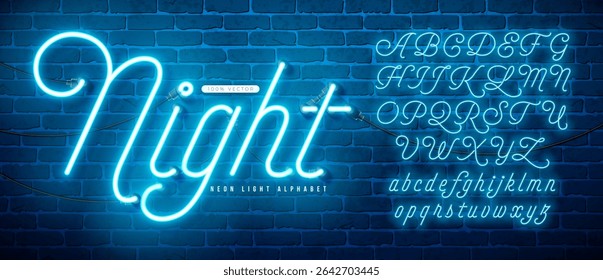Glowing Neon Light Alphabet with Cable and Shadow on Vintage Brick Wall Background. Retro Vector Font Collection with Shiny Bright Lights. ABC, Written Lowercase and Uppercase Letters Design