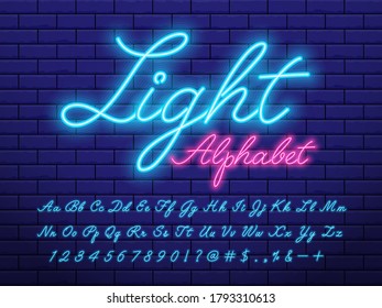 Glowing neon light alphabet design with uppercase, lowercase, numbers and symbols