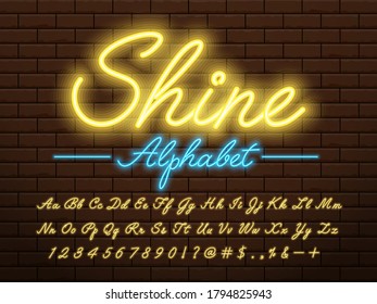 Glowing neon light alphabet design with uppercase, lowercase, numbers and symbols