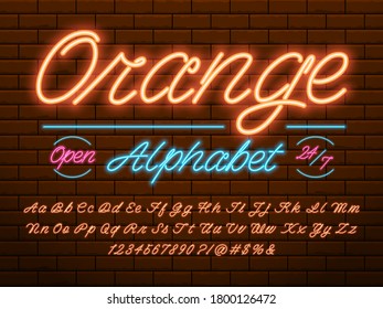 Glowing neon light alphabet design with uppercase, lowercase, numbers and symbols