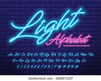 Glowing neon light alphabet design with uppercase, lowercase, numbers and symbols