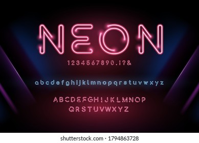 Glowing neon light alphabet font set with lowercase uppercase and numbers on dark night party theme background