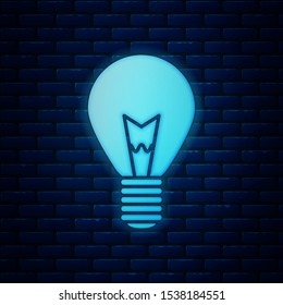 Glowing neon Light bulb with concept of idea icon isolated on brick wall background. Energy and idea symbol. Inspiration concept.  Vector Illustration