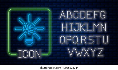 Glowing neon Light bulb with gear inside and dollar symbol icon isolated on brick wall background. Fintech innovation concept. Neon light alphabet. Vector Illustration