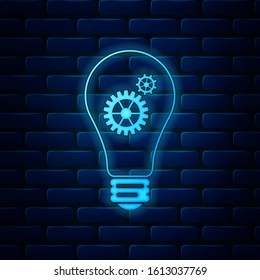 Glowing neon Light bulb and gear inside icon isolated on brick wall background. Innovation concept.  Vector Illustration
