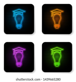 Glowing neon Light bulb and graduation cap icon isolated on white background. University Education concept. Black square button. Vector Illustration