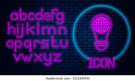 Glowing neon Light bulb with inside world globe icon isolated on brick wall background. Planet Earth on the lamp. Global ecology concept. Neon light alphabet. Vector Illustration