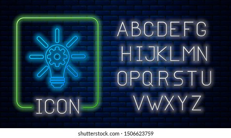 Glowing neon Light bulb with rays shine and gear inside icon isolated on brick wall background. Innovation concept. Neon light alphabet. Vector Illustration