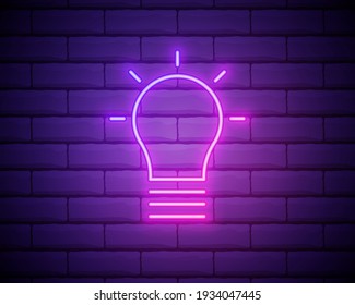 Glowing neon Light bulb shine icon isolated on brick wall background. Energy and idea symbol. Lamp electric. Vector Illustration.
