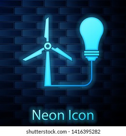 Glowing neon Light bulb with wind turbine as idea of eco friendly source of energy icon isolated on brick wall background. Alternative energy concept. Vector Illustration