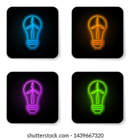 Glowing neon Light bulb with wind turbine as idea of eco friendly source of energy icon isolated on white background. Alternative energy concept. Black square button. Vector Illustration