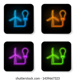 Glowing neon Light bulb with wind turbine as idea of eco friendly source of energy icon isolated on white background. Alternative energy concept. Black square button. Vector Illustration