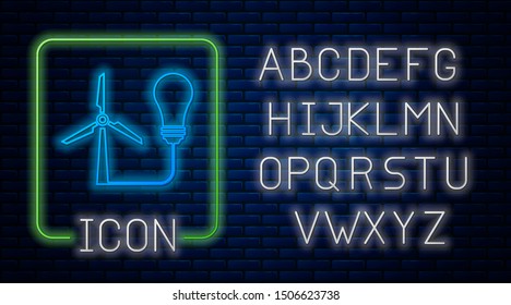 Glowing neon Light bulb with wind turbine as idea of eco friendly source of energy icon isolated on brick wall background. Alternative energy concept. Neon light alphabet. Vector Illustration
