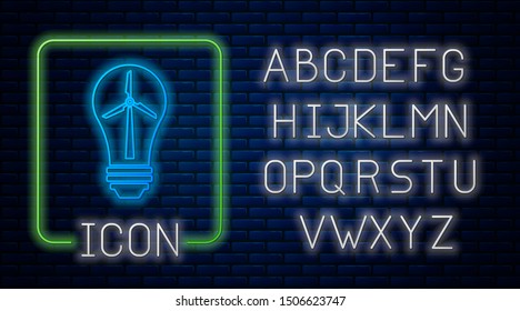 Glowing neon Light bulb with wind turbine as idea of eco friendly source of energy icon isolated on brick wall background. Alternative energy concept. Neon light alphabet. Vector Illustration