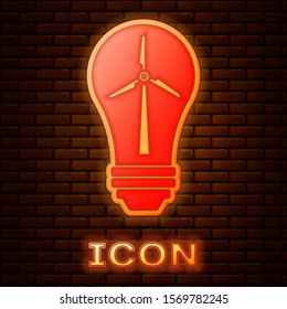 Glowing neon Light bulb with wind turbine as idea of eco friendly source of energy icon isolated on brick wall background. Alternative energy concept.  Vector Illustration