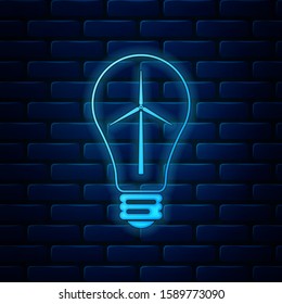 Glowing neon Light bulb with wind turbine as idea of eco friendly source of energy icon isolated on brick wall background. Alternative energy concept.  Vector Illustration