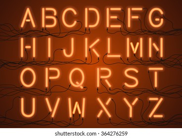 Glowing neon light bulbs alphabet with electricity wires connected. Custom font for design. Vector eps10.