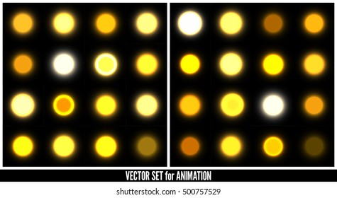 Glowing neon light bulbs on dark background. Set for animation. Led bulbs. Vector illustration