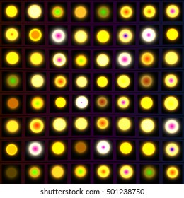 Glowing neon light bulbs on dark background. Game Buttons. Vector illustration for animation or game wallpaper.