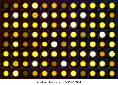 Glowing neon light bulbs on dark background. Game Buttons. Vector illustration for animation. 