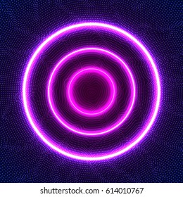 Glowing neon light circles and dots pattern background. Black and white noise wavy abstract texture. Vector illustration