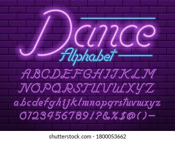 Glowing neon light font and alphabet