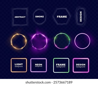 Glowing neon light frames and smoky abstract frames on transparent background, ideal for modern and artistic designs.