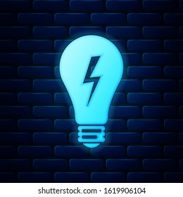Glowing neon Light lamp sign. Bulb with lightning symbol icon isolated on brick wall background. Idea symbol.  Vector Illustration