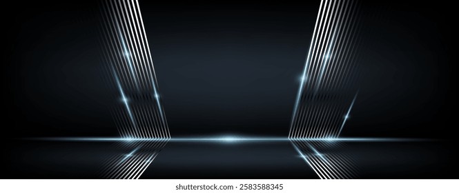 Glowing Neon Light Lines on Dark Background. High-Standard Metallic Display Template Banner for Stages, Awards, and Products. Premium Abstract Vector Design.