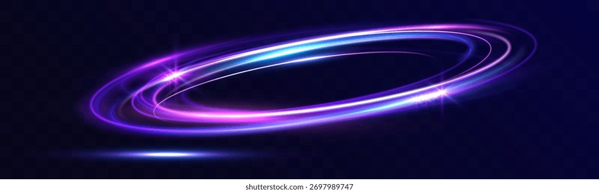 Anillo de luz de neón brillante, rastro de movimiento circular azul y púrpura sobre fondo oscuro, efecto de remolino de energía futurista.