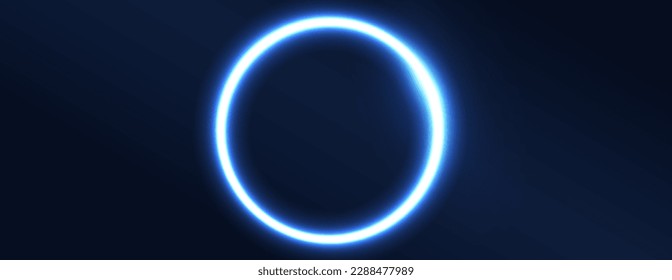  Marco redondeado de luz de neón brillante. Circulo abstracto fluyendo en luz azul sobre un fondo de gradiente oscuro con lugar para texto
