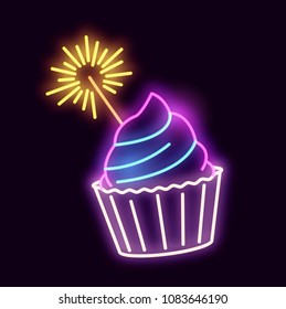 A glowing neon light sign cupcake with a sparkler. Vector illustration.