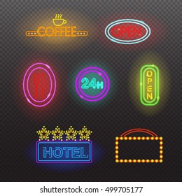 Glowing neon light signs illuminated isolated on transparent background. Design elements Vector illustration.