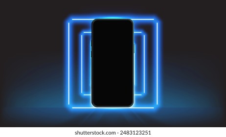 Glowing Neon light Smartphone with Floating Lamps and Beams. Illuminating Mobile Designs for Banners, Wallpapers, Luxury Vouchers.