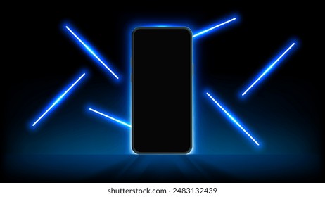 Glowing Neon light Smartphone with Floating Lamps and Beams. Illuminating Mobile Designs for Banners, Wallpapers, Luxury Vouchers and Leaflet. Vector.